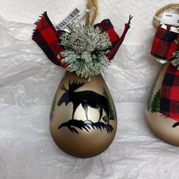 Brown Glass Teardrop Christmas Ornaments W Moose N Trees Design Set of 2 NWT - Picture 11 of 16